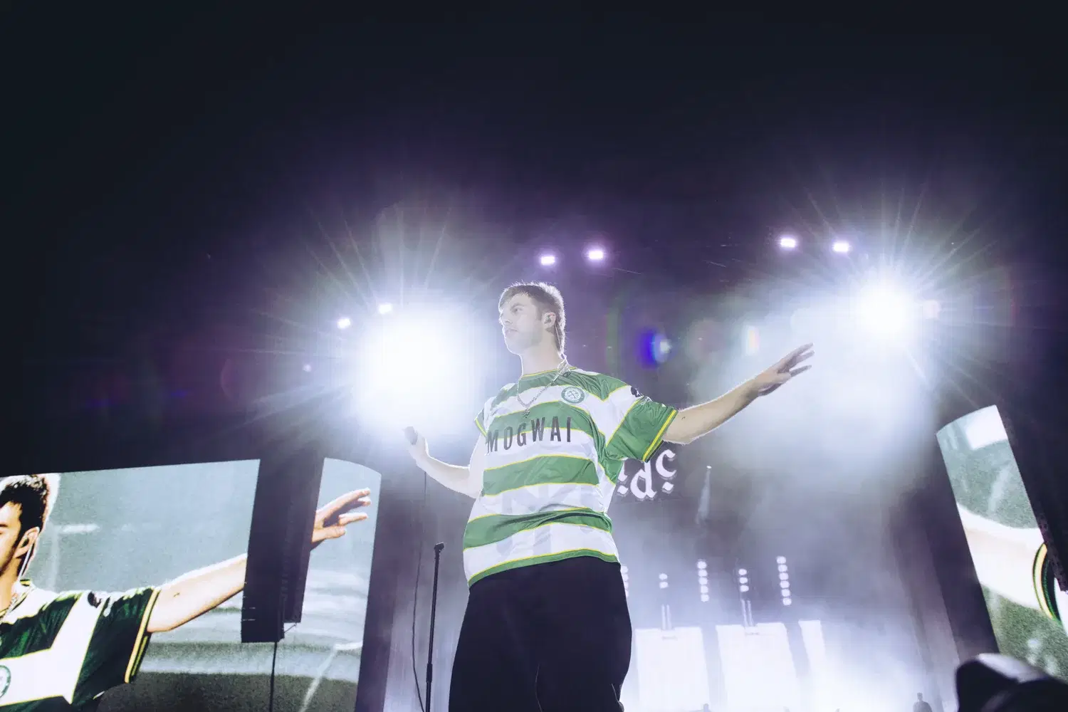Grian Chatten of Fontaines D.C. headlining Reading Festival, 28 August 2026, wearing the Mogwai Cwmbran Celtic shirt
